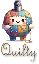 Quilty, the QuiltRBuddy mascot, waving hello